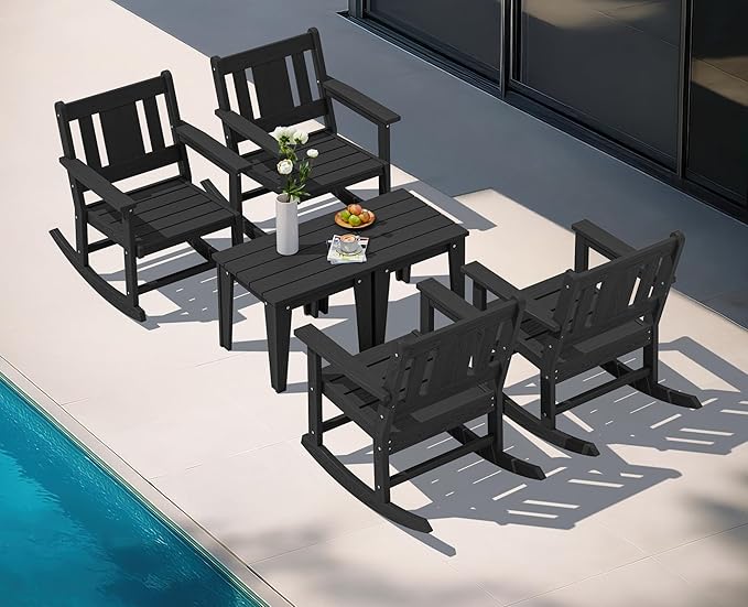 SERWALL Outdoor Rocking Bistro Set, HDPE Patio Furniture Set, Porch Rocking Chair Set with Table for Backyard, Balcony, and Garden- Black