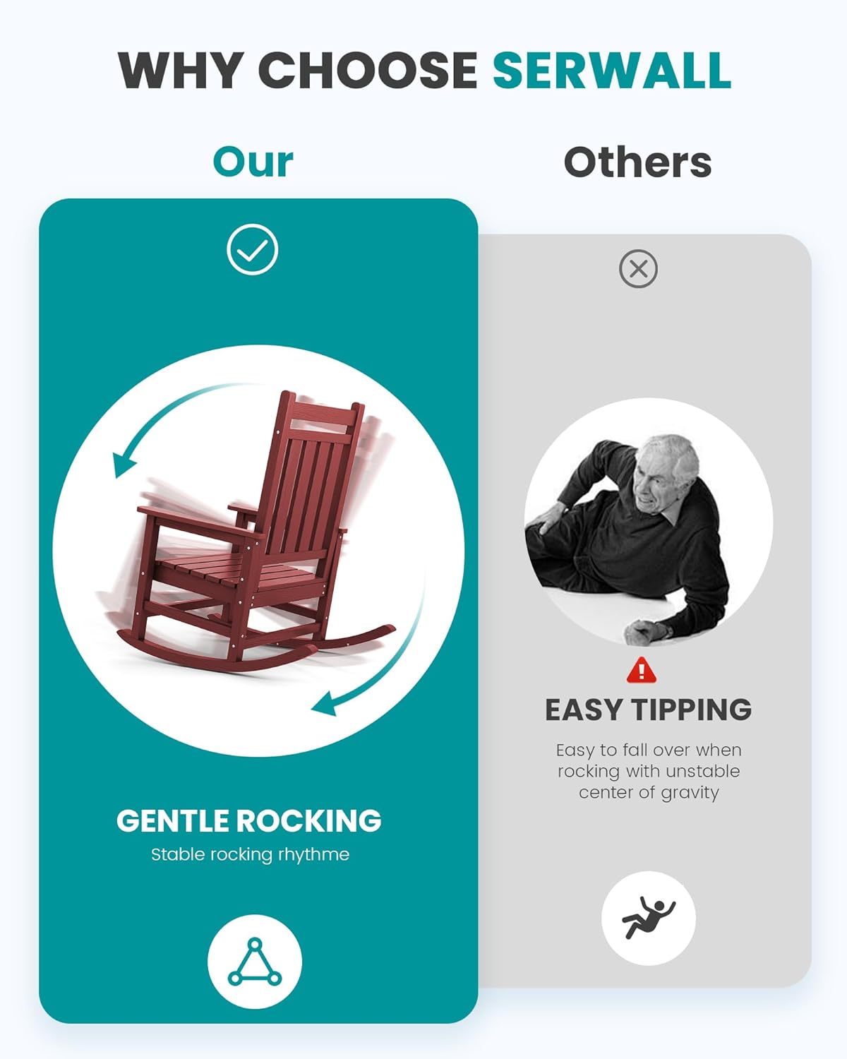 SERWALL HDPE Outdoor Rocking Chair Set of 6, Patio Rocking Chairs for Adults, All Weather Outdoor Rockers for Lawn, Crimson Red