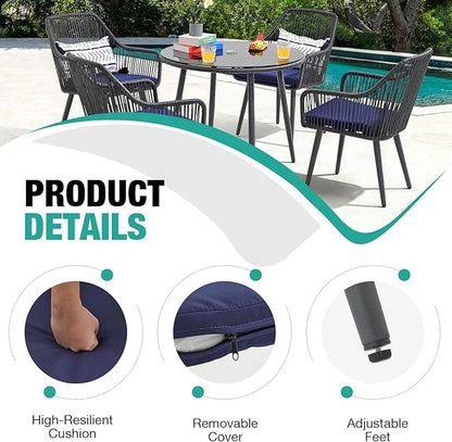 Patiorama 5-Piece Patio Dining Set, Outdoor Dining Table Chair Set, All-Weather Twisted Rattan Wicker Rope Conversation Set, Patio Furniture Set w/Umbrella Hole, 4 Cushioned Chairs&Glass Table(Blue)