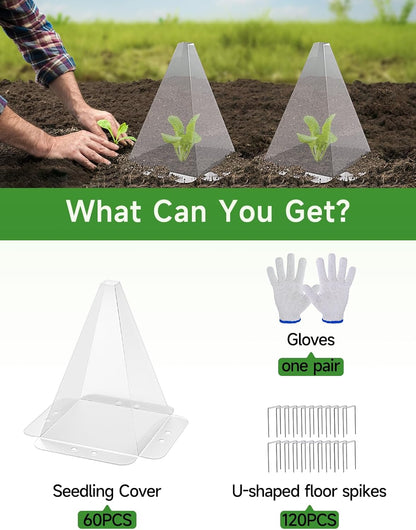 60 Pack Garden Cloches for Plants - Clear Reusable Plastic Seedling Covers with 120 Metal Stakes - Mini Greenhouse Plant Bell Covers for Frost, Sun, Pests Protection(7.8" x 11")