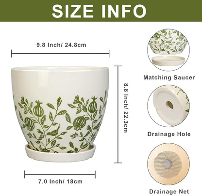 10 Inch Plant Pot - Ceramic Planter with Drainage Hole and Saucer, Boho Round Decorative Flower Pot for Indoor Plants, Housewarming Gifts, Office Garden Home Outdoor Decor, White
