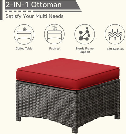 5 Pieces Patio Conversation Set, Wicker Chairs Set of 2 and Two Ottomans with 3.5-inch Seat Cushions, 1 Side Table High Back and Curved Armrest for Backyard, Balcony and Deck, Red