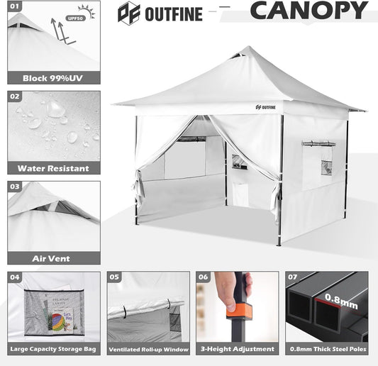 OUTFINE 12×12 Pop Up Canopy-Heavy Duty Canopy Tent with Sturdy Metal Frame(10×10 Base) Reinforced with Steel Cables, Roller Bag, Sidewall×4 for Exhibition, Party&Backyard (White, 12 * 12FT Pro)