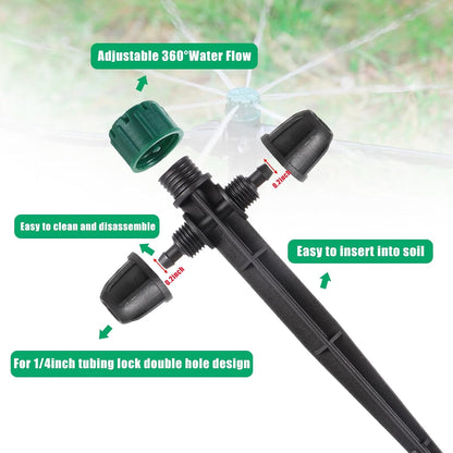 Anti-Drop Drip Irrigation Emitters for 1/4" Irrigation Tubing,Double Hole Design Adjustable 360 Degree Drip Emitters on 6.5" Stake for Garden Irrigation Watering System(25pc-Green drip)