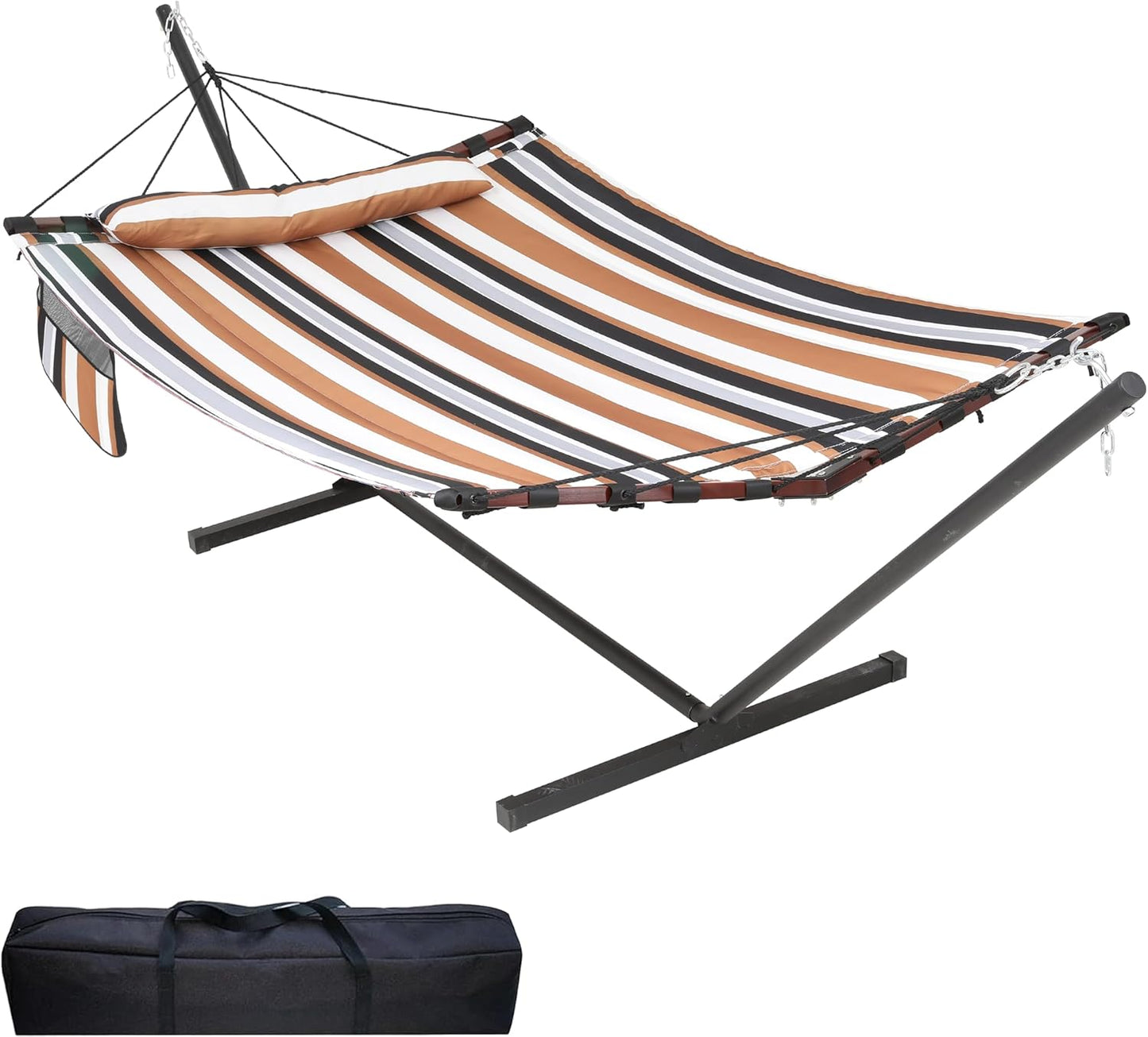TegerDeger 12FT 2 Person Hammock with Stand Included 55 x 79IN Large Hammock 450LB Capacity with V Shaped Hardwood Spreader Bar & Nylon Rope for Outside, Patio, Garden, Backyard, Beach- Coffee Stripes