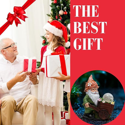 Solar Garden Gnome Statue with Crackle Glass Globe Lights, Waterproof Outdoor Decor for Patio, Lawn, or Yard, Whimsical Housewarming Gift(Green Gnomes)