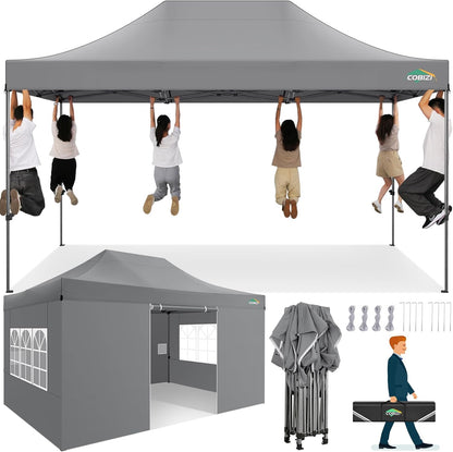 COBIZI 10x15 Heavy Duty Pop up Canopy Tent with 4 sidewalls Commercial Outdoor Canopy Wedding Party Tents for Wedding All Season Wind & Waterproof Gazebo with Carry Bag, Gray(Frame Thickened)