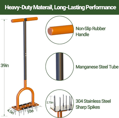 39in Lawn Aerator Spike Tool with 304 Stainless Steel Spikes Heavy Duty Lawn Aerator with Wide Foot Plate Rubber Handle for Soil Aeration, Grass & Yard Care