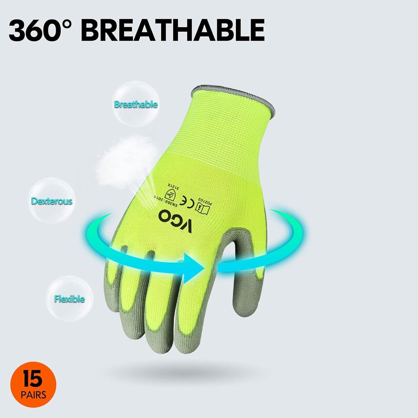 Vgo... 15-Pairs Safety Work Gloves, Gardening Gloves, Polyurethane Coated, Dipping Gloves, Latex Free (Size XL, Yellow, PU2103)