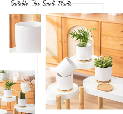OMAYKEY 4 Inch Ceramic Plant Pot with Saucer, White Planters Pots with Drainage Hole and Mesh Pads for Succulent, Snake, Cactus, Herbs - 4 Packs(Plant Not Included)