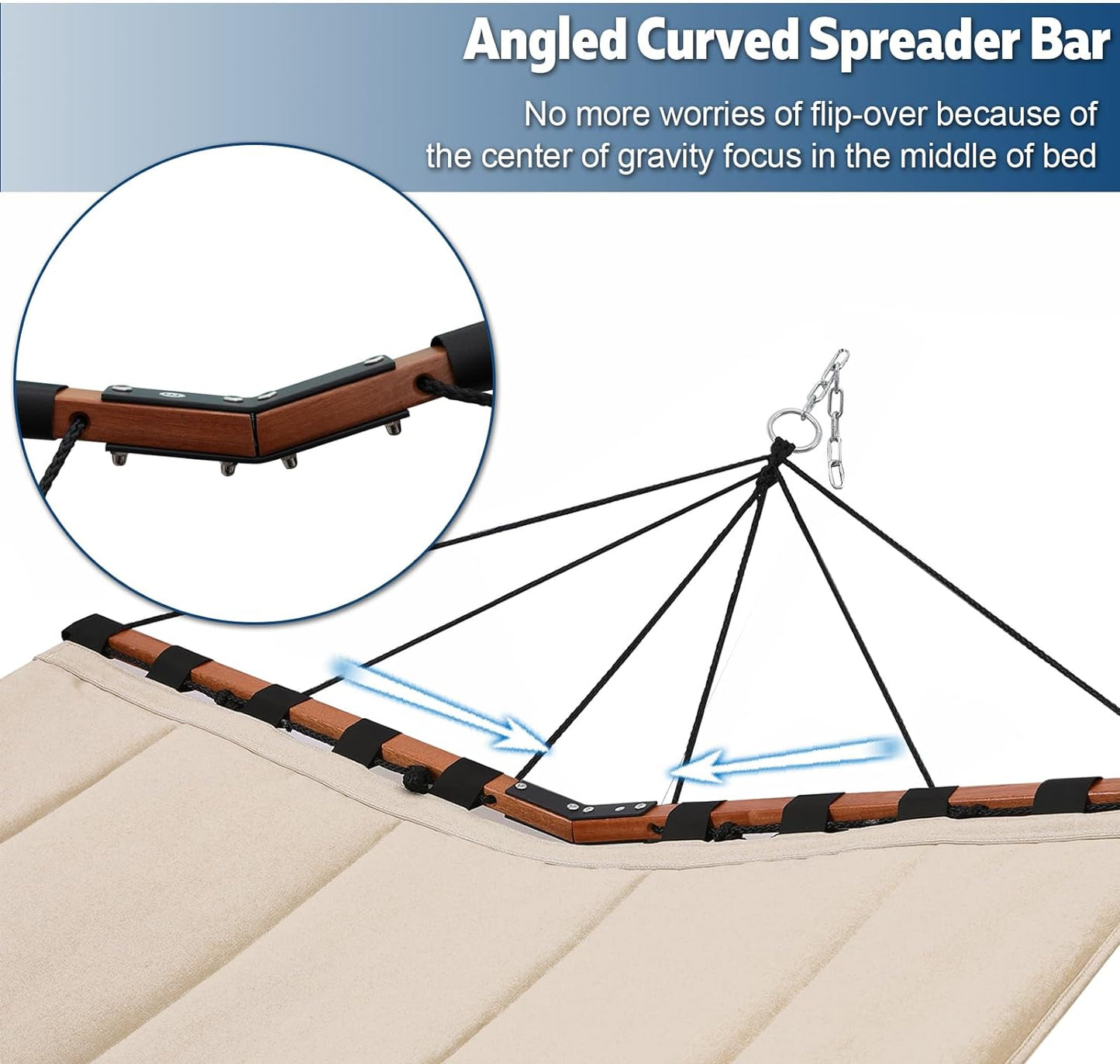 TegerDeger 12FT 2 Person Hammock Large Hammock 450LB Capacity with V Shaped Hardwood Spreader Bar & Nylon Rope for Outside, Patio, Garden, Backyard, Beach, Poolside - Blue