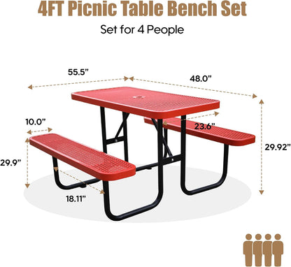 4FT Metal Picnic Tables for Outdoors, Commercial Rectangular Picnic Table and Bench Set for Outside, Patio, Garden, Backyard, Porch, Surface Mount, Red