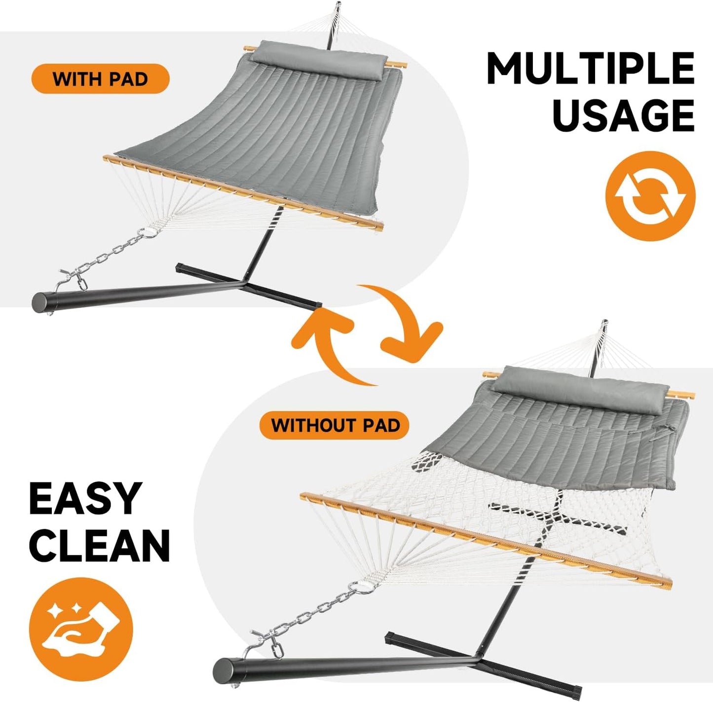 2 Person Outdoor Hammock with Stand, Cotton Rope Hammock with Polyester Pad, Adjustable Steel Frame, Portable with Carrying Bag – for Patio, Backyard, Garden, Beach, Urban-Gray