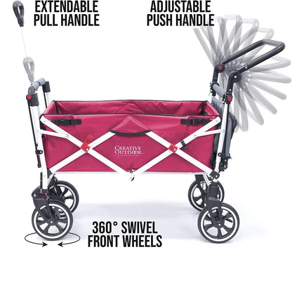 Creative Outdoor Wagon for Kids Push Pull Collapsible Stroller with Canopy Folding Cart | Titanium Series Plus | Beach, Park, Garden (Solid Pink)
