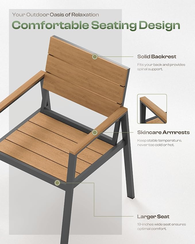 HDPS Outdoor Patio Dining Chairs Set of 2, 350LBS Capacity Aluminum Patio Dining Chairs with Armrests, Weather-Resistant for Lawn, Garden, Yard, Poolside and Indoor Use, Gray & Teak