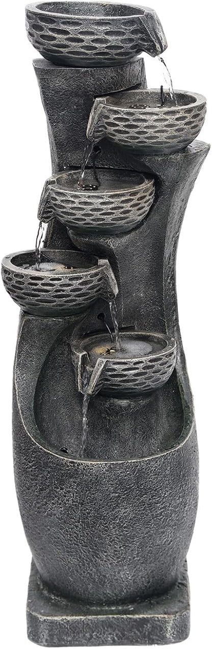 35.83''H Indoor Outdoor Modern Water Fountain 6-Tiers Garden Cascading Fountains Curve Shape Floor Standing Waterfall Water Feature with LED Light for Yard Deck Patio Home Art Decor