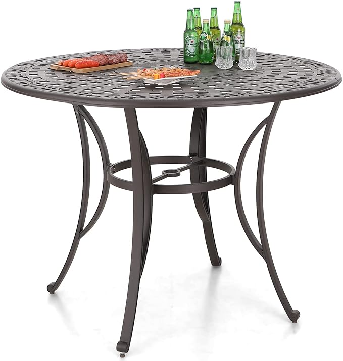 Sophia & William 6-Person Cast Aluminium Patio Bar Height Table Round, Outdoor Tall Bistro Pub Height Table with 2.2" Umbrella Hole for Porch Balcony Backyard, Bronze