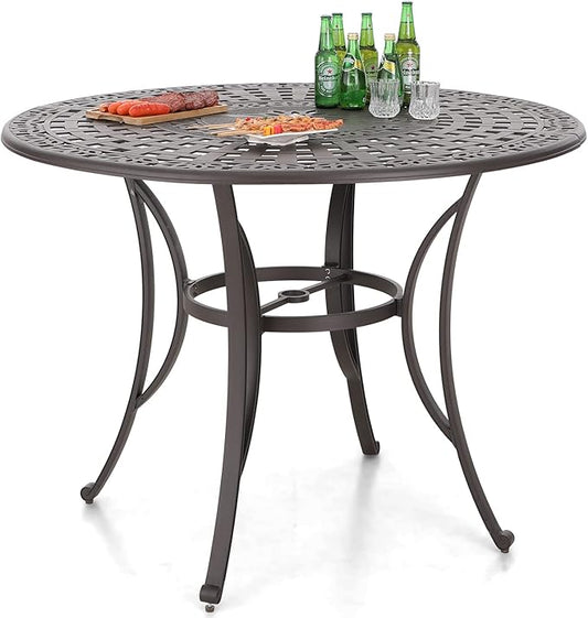 Sophia & William 6-Person Cast Aluminium Patio Bar Height Table Round, Outdoor Tall Bistro Pub Height Table with 2.2" Umbrella Hole for Porch Balcony Backyard, Bronze