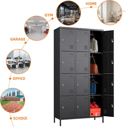 12 Doors Metal Lockers for Employees with 12 Hooks, Storage Locker with Business Card Holder for Office Gym School Bedroom, Assembly Required, Black