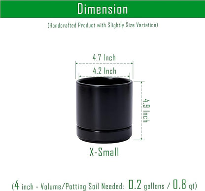 D'vine Dev Set of 2 Plants Pot, 4.7 Inch Ceramic Planter Pot for Plants with Drainage Hole and Saucer, Black, 94-V-B-2