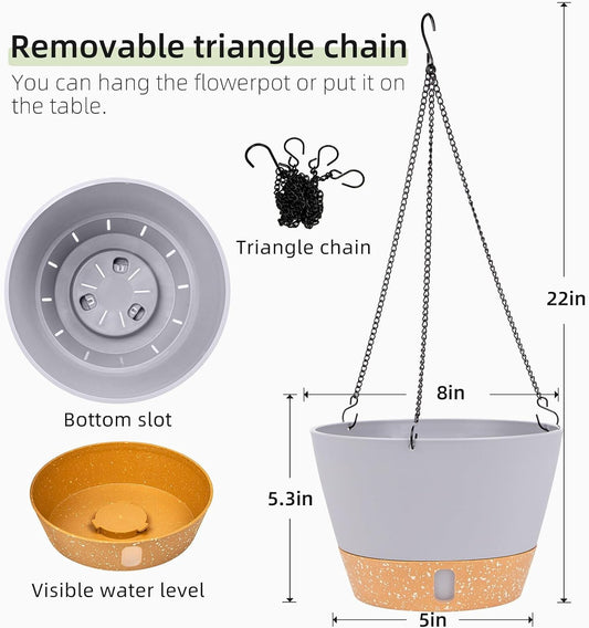 QCQHDU 2 Pack Hanging Planters for Indoor Outdoor Plants, 8 Inch Hanging Baskets Flower Pots with Reservoir Tray & Visible Water-Level