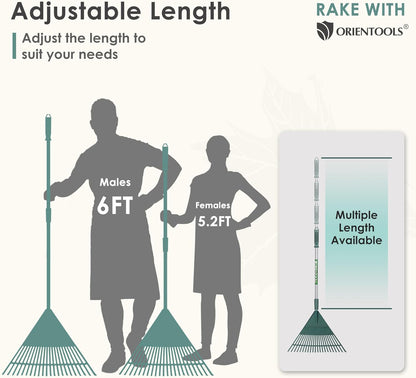 ORIENTOOLS Rake for Leaves,Adjustable Garden Leaf Rake ,Lightweight Steel Poly Yard Rake，22 Tines, 42 to 60 Inches (Silver Handle)