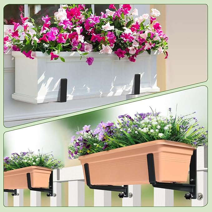 Heavy Duty Adjustable Window Box Brackets - Iron Planter Box Hangers with Reinforced Bottom Support for Balcony, Fence, Railing, Garden - Rust-Proof & Sturdy Flower Pot Holders
