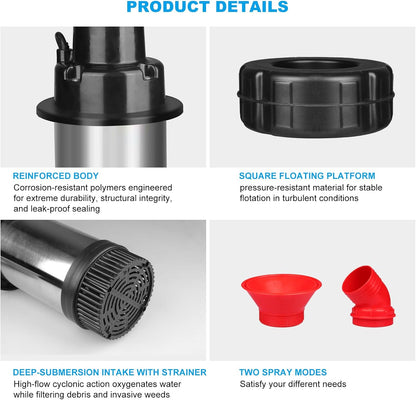 15000 GPH Pond Fountain Aerator, Fully Automatic 1HP 750W 110V Stainless Steel Floating Fountain and Water Pond Aerator Fit for Outdoor Large Ponds and Lake Jet System with 100 FT Power Cord & Timer