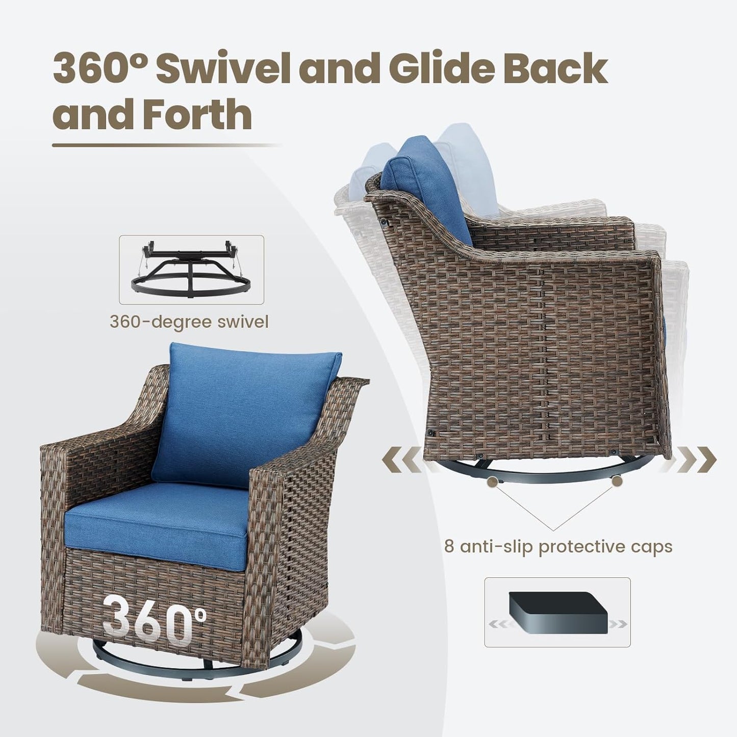 Outdoor Patio Wicker Swivel Chairs - Set of 4 Outside Rattan Rocker Glider Chair Rocking Armchairs for Front Porch Balcony Backyard Yard Deck Poolside Apartment – Brown/Blue