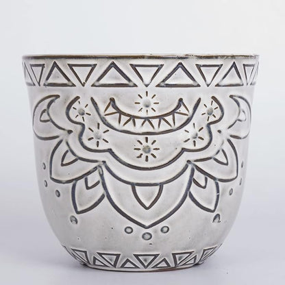 VanEnjoy 5.9 inch Round Bohemian Style Ceramic Planter, Geometry Engrave Off White Brown Succulent Planter Flower Pot, Indoor Outdoor Decorative Planter