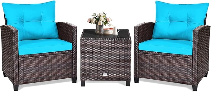 KOTEK 3 Piece Patio Furniture Set, Outdoor Conversation Set with Washable Cushions & Tempered Glass Tabletop, PE Rattan Wicker Bistro Set for Porch, Garden, Balcony (Turquoise)