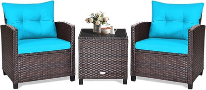 KOTEK 3 Piece Patio Furniture Set, Outdoor Conversation Set with Washable Cushions & Tempered Glass Tabletop, PE Rattan Wicker Bistro Set for Porch, Garden, Balcony (Turquoise)