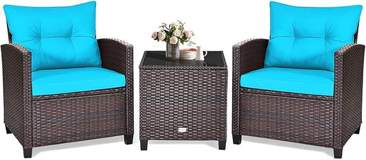 KOTEK 3 Piece Patio Furniture Set, Outdoor Conversation Set with Washable Cushions & Tempered Glass Tabletop, PE Rattan Wicker Bistro Set for Porch, Garden, Balcony (Turquoise)