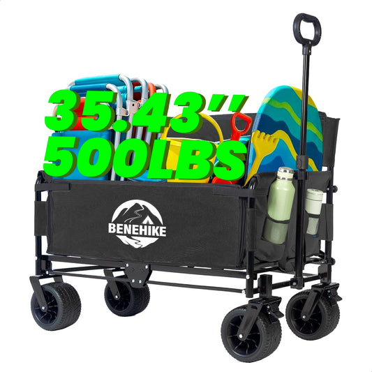 3-in-1 Large Collapsible Folding Wagon, BENEHIKE Foldable Beach Wagon with Rotated Wheels, 500lbs/225L Outdoor Utility Wagon Convert to Bench for Sand, Groceries, Camping, Sports, Shopping (Black)