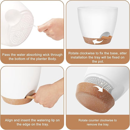 Plant Pots 8/7/6.5/6/5.5/5 Inch Self Watering Pots, Set of 6 Plastic Planters with Drainage Holes and Saucers,Plastic Flower Pots,Nursery Planting Pot for Indoor Out Door Plants（White）