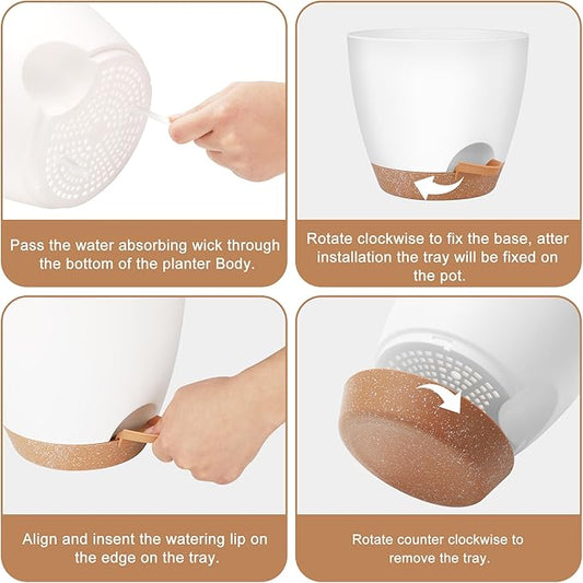 Plant Pots 8/7/6.5/6/5.5/5 Inch Self Watering Pots, Set of 6 Plastic Planters with Drainage Holes and Saucers,Plastic Flower Pots,Nursery Planting Pot for Indoor Out Door Plants（White）