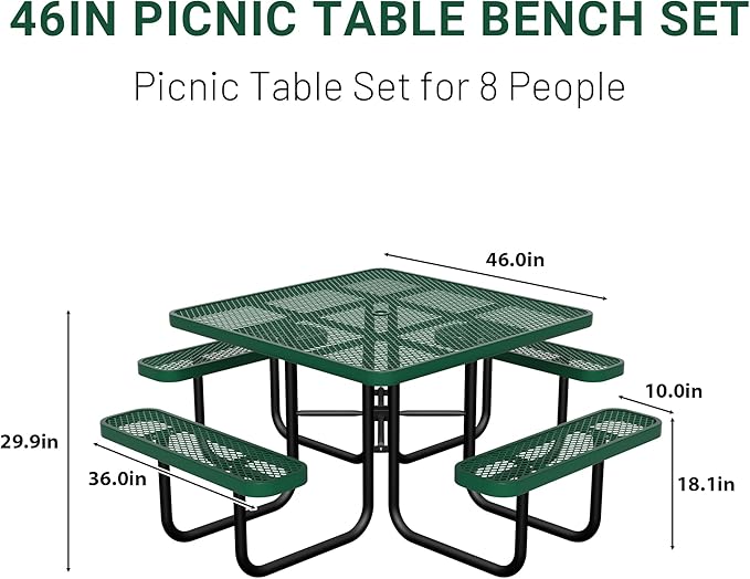 46" Square Picnic Table for Outside,Heavy Duty Metal Picnic Table Bench Set with 2in Umbrella Hole, 1600 lb Capacity,Commercial Dining Table Furniture for Garden Yard Patio Party Coffee Shop