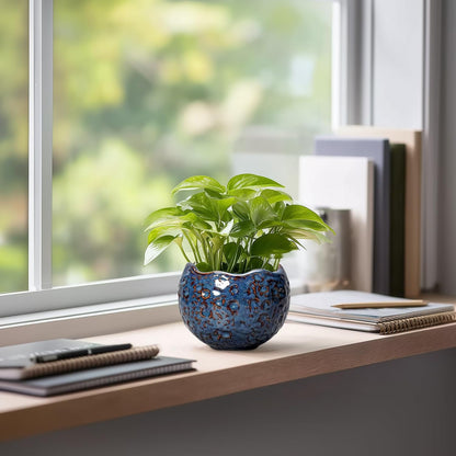 Ceramic Pots for Plants - 4 inch Plant Pots for Indoor Outdoor, Small Planter with Drainage Hole, Unique Flower Pot, Decorative Modern Round Planter, Office Decor, Home Gifts, Retro Blue