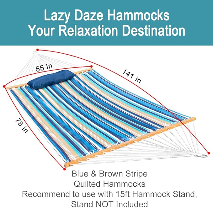 Lazy Daze Hammocks 12 FT Quilted Fabric Double Hammock with Spreader Bars and Detachable Pillow, 450lbs Weight Capacity