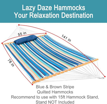 Lazy Daze Hammocks 12 FT Quilted Fabric Double Hammock with Spreader Bars and Detachable Pillow, 450lbs Weight Capacity