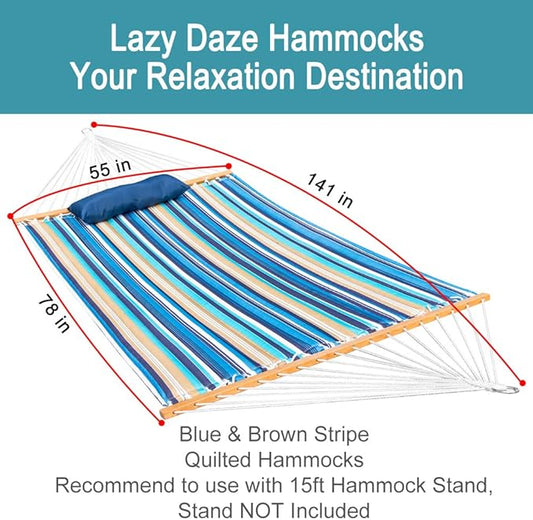 Lazy Daze Hammocks 12 FT Quilted Fabric Double Hammock with Spreader Bars and Detachable Pillow, 450lbs Weight Capacity