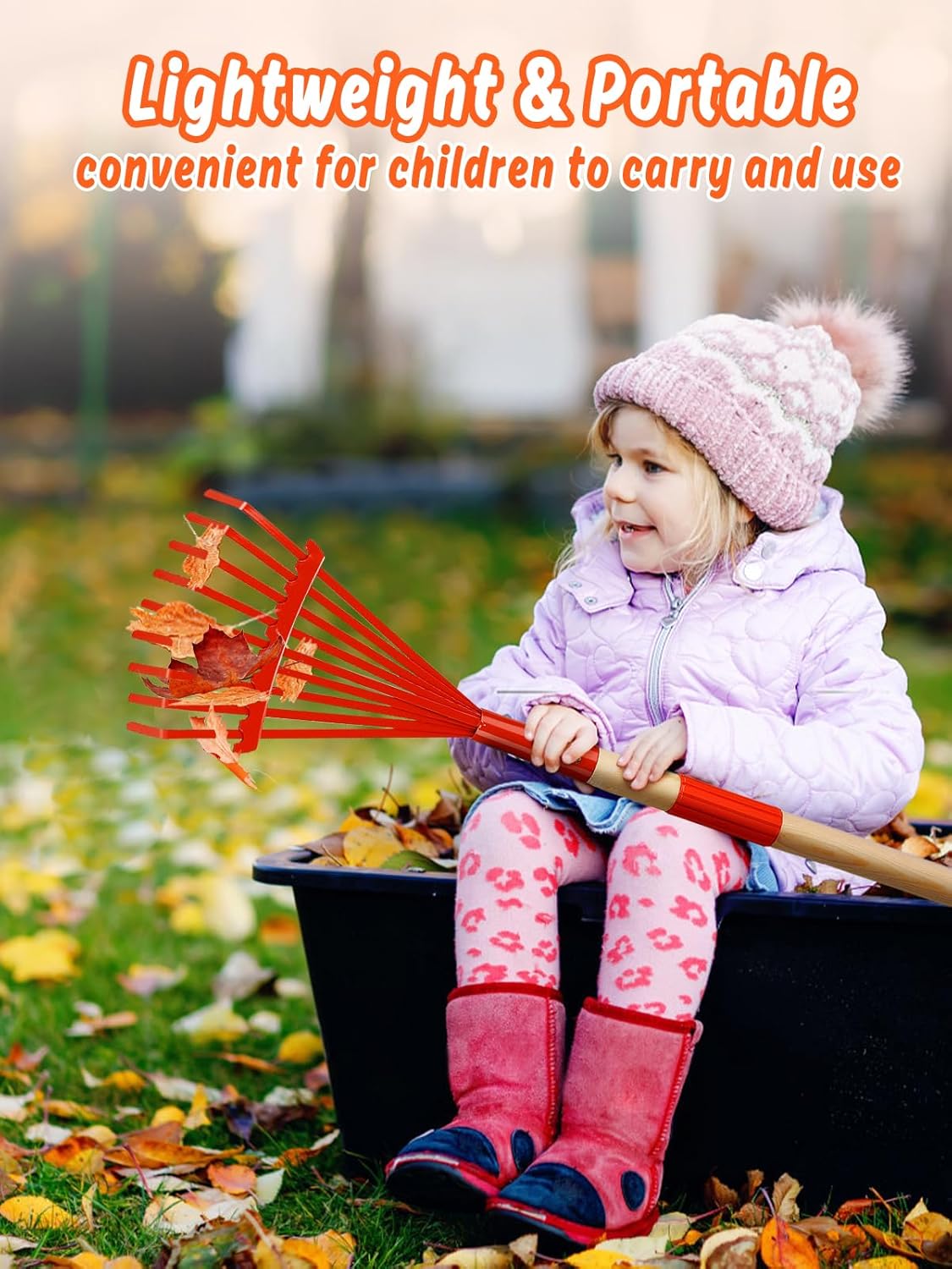 Kids Friendly Rakes for Leaves - 28" Child Size Small Rake with Durable Metal Head & Hardwood Handle, Real Lawn Garden Yard Tools for 3+ Years Kids Enjoy Helping Work Gifts (Red)