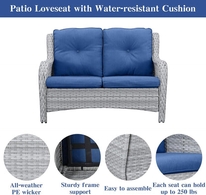 5 Piece Outdoor Patio Furniture Set - Patio Wicker Furniture Conversation Set, Outdoor Swivel Rocker Chairs with Loveseat Sofa and 2 Ottomans for Small Space, Blue Cushion