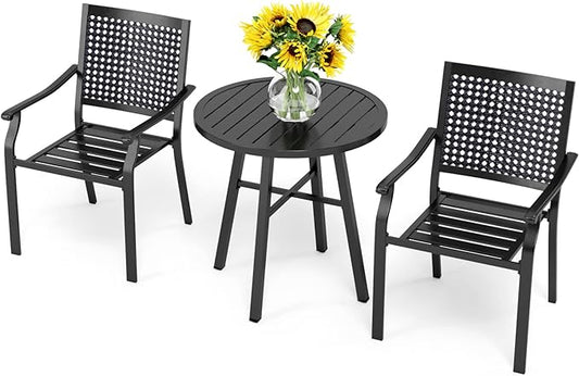 PHI VILLA 3 Piece Outdoor Patio Bistro Dining Set, Slatted Metal Round Table & 2 Stacking Iron Chairs, Outdoor Furniture Set for Porch, Deck, Balcony