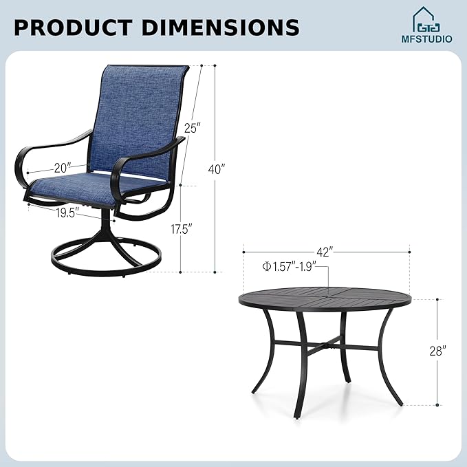 MFSTUDIO Outdoor Dining Set for 4，Round Patio Table and Chairs Set with Umbrella Hole, 5 Piece Patio Furniture Set for Deck, Backyard, Poolside & Garden
