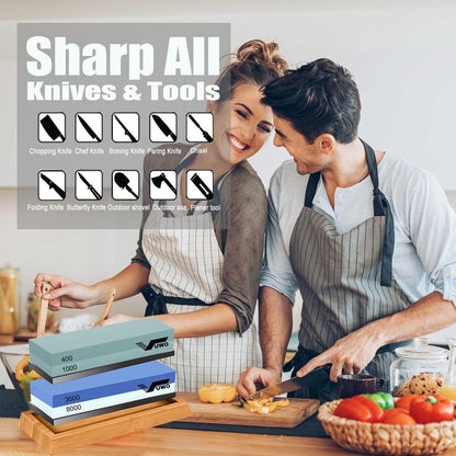 Knife Sharpening Stone Kit - Whetstone Dual Grit 400/1000 3000/8000 Premium Sharpener Set with Leather Strop, Flattening Stone, Honing Guide, Bamboo Base, Angle Guide, Cut Resistant Gloves