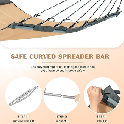 Lazy Daze Hammocks 12 FT Quilted Fabric Hammock with Curved Aluminium Spreaders Bar, Outside Double Thickened Hammock with Soft Pillow, Side Pocket 450 Lbs Capacity for Patio, Poolside, Khaki