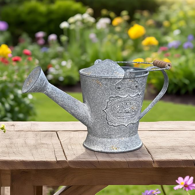 Vintage Metal Watering Can with Wooden Handle, Watering Can for Indoor/Outdoor Plants, Shabby Chic Decor for Home Balcony Courtyard Garden