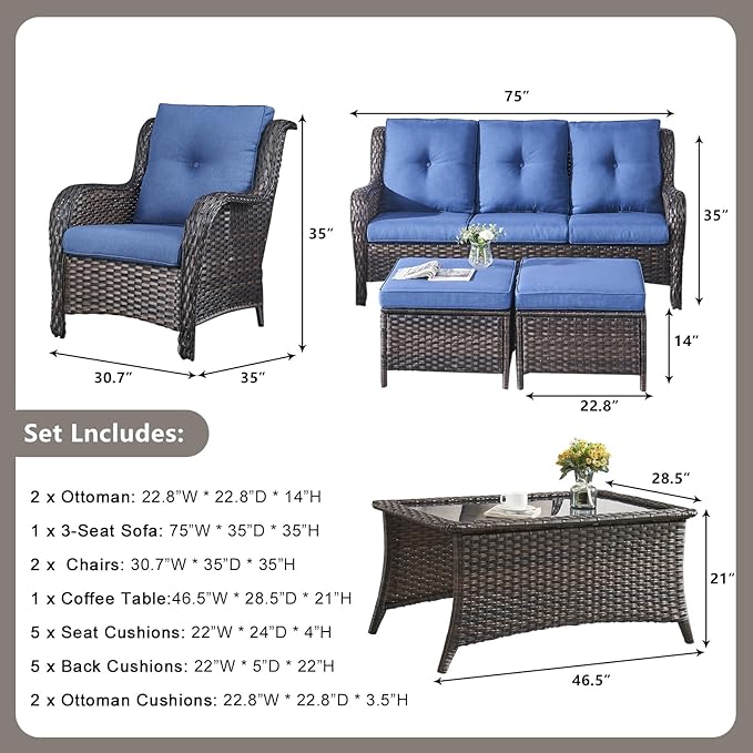 Rilyson Outdoor Patio Wicker Furniture Set - 6 Piece Rattan Patio Conversation Sectional Sofa Set with 1 Couch,2 Armchairs,2 Ottomans and 1 Glass Top Coffee Table for Porch Deck Garden(Brown/Blue)