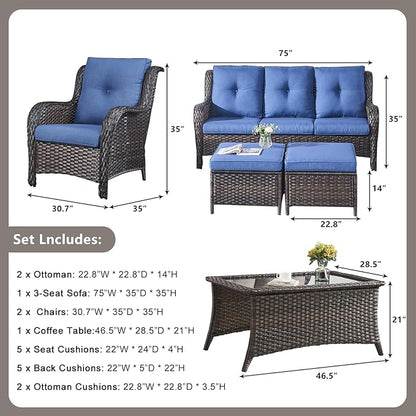 Rilyson Outdoor Patio Wicker Furniture Set - 6 Piece Rattan Patio Conversation Sectional Sofa Set with 1 Couch,2 Armchairs,2 Ottomans and 1 Glass Top Coffee Table for Porch Deck Garden(Brown/Blue)